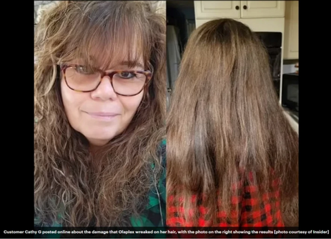 This is an image of an actual Olaplex customer showing how it wreaked havoc on her hair. This image is courtesy of Insider, and is used in the Ippodaro Natural salon blog titled, "Olaplex.. Friend Or Enemy?"