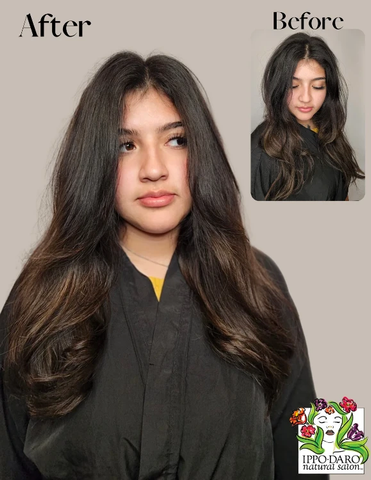 This is a before and after image of an actual client here at Ippodaro Natural Salon after getting a hair blowout. This image is used in the Ippodaro Natural Salon Blog titled, "Blown Out & Beautiful".