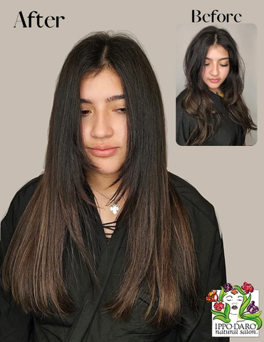 This is a before and after image of an actual client here at Ippodaro Natural Salon after getting a hair blowout. This image is used in the Ippodaro Natural Salon Blog titled, "Blown Out & Beautiful".