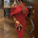 Ualways18 Elegant Off Shoulder Cape Design Skinny Party Dress Women Casual Solid Color Long Dress  Autumn Fashion Back Bow Dress Vestido