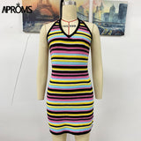 Ualways18 Bright Striped Halter Knitted Mini Dress Women Summer 2022 Sexy Backless Bodycon Slim Fit Dresses Female Party Sundresses