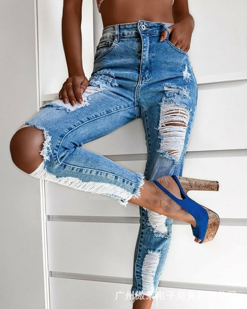 Graduation Gifts  Women's 2022 summer new pencil high-waist elastic ripped jeans skinny jeans woman
