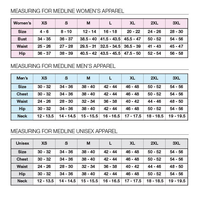 Medline Women's Mens Unisex Scrubs Sizing Chart