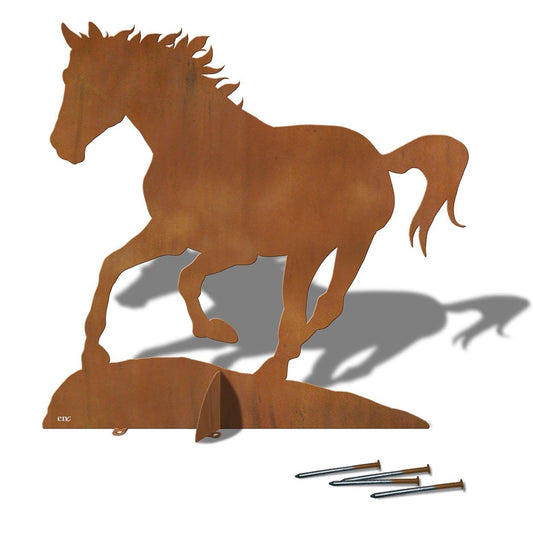 Statue d'art de jardin en fer à cheval en métal en rouille fabriquée aux  États-Unis.