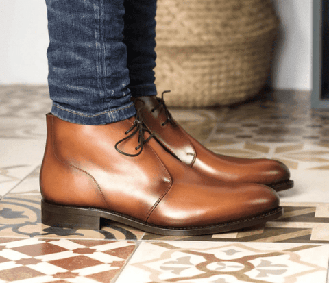 featuring light-burnished, Cognac Painted Calf CHUKKA BOOT - Goodyear Welt construction