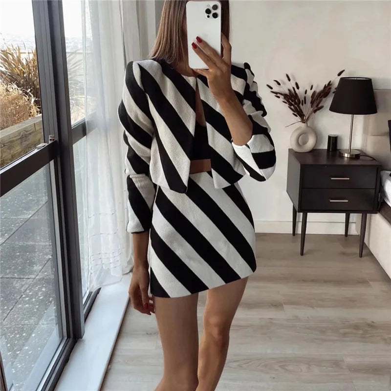 Cinessd Woman Fashion Black White Zebra Striped 2 Pcs Sets 2022 Spring Chic Female Straight Skirts Suits Ladies High Street Blazer Suit