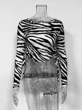 Cinessd  Zebra Pattern Crop Tops Women Long Sleeve Color Hit Side Drawstrings Slim Midriff T-Shirts 2022 Spring Ins Hot Clubwear