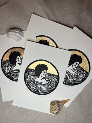 "Hazel" Individual Gold-Leafed 4"x6" Linoleum Block Print - Emily Cooper Creations - Linoleum Block