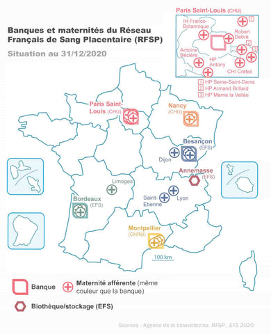 carte du réseau des maternités partenaires pour le don de sang de cordon ombilical