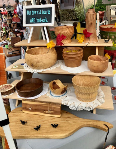 A display of handmade wooden bowls