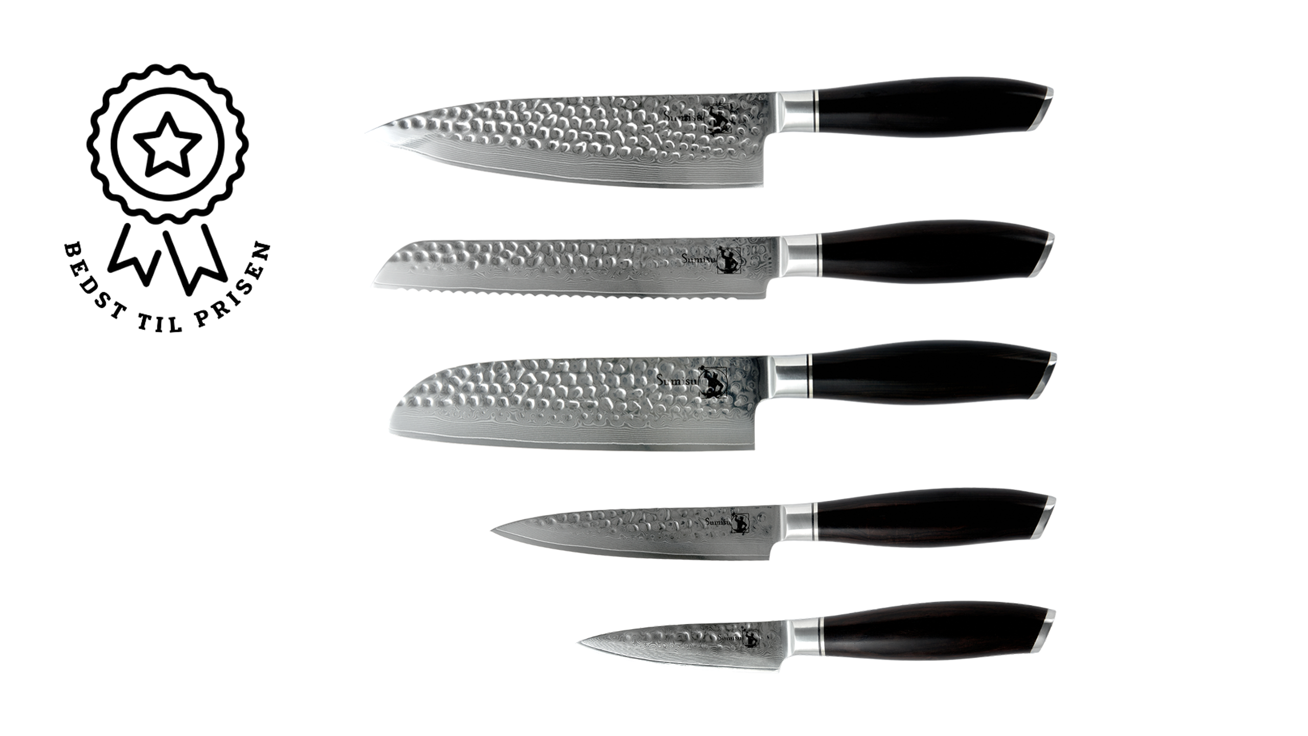 Sumisu - Kaki knivsæt med 5 køkkenknive - Madentusiasten - 67 Lags Damaskusstål - Damskusstål, rustfri stål, sort, blank