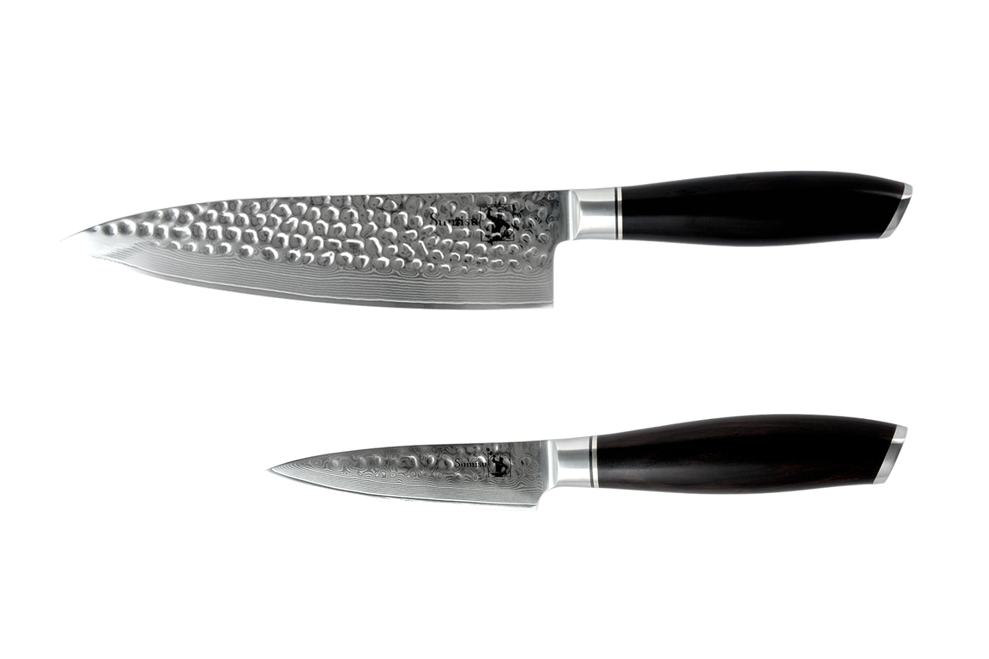 Sumisu - Kaki knivsæt med 2 køkkenknive - Startersættet - 67 Lags Damaskusstål - Sort, damaskus stål, blank