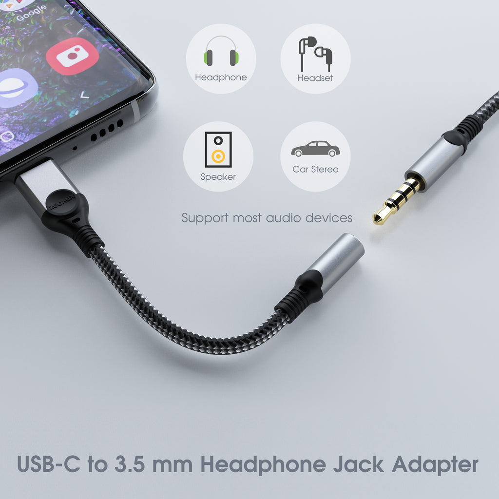 Håndværker Nervesammenbrud Alert USB Type C to 3.5mm Headphone Jack Adapter, ZOOAUX USB C to Aux Audio