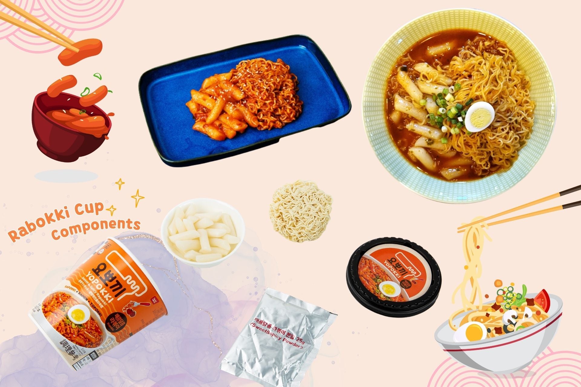 Exploring the delicious taste of Korean Rabokki : Sweet, mild and spicy Rabokki ingredients and finished Rabokki photos