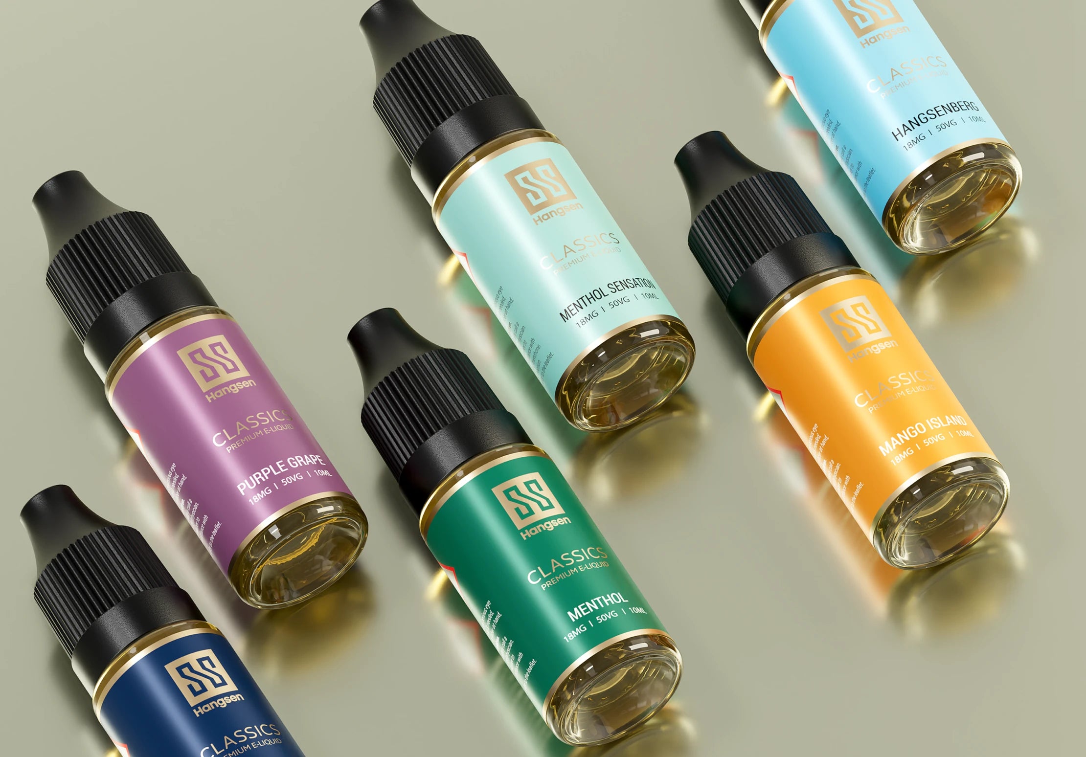 A selection of Hangsen e-liquids with colorful labels, arranged diagonally on a glossy surface. The bottles are subtly highlighted by ambient lighting, showcasing their sleek design.