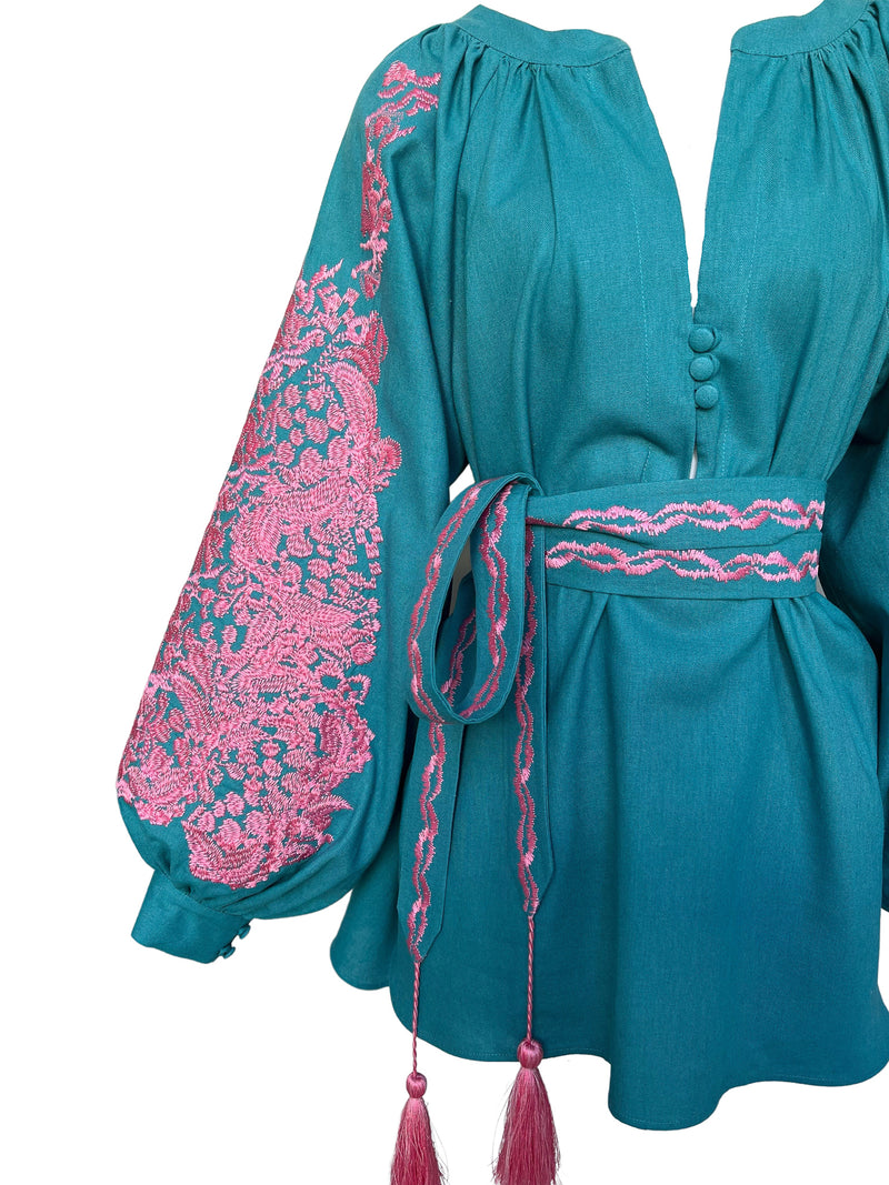 Blouse "Feather", dark turquoise with pink