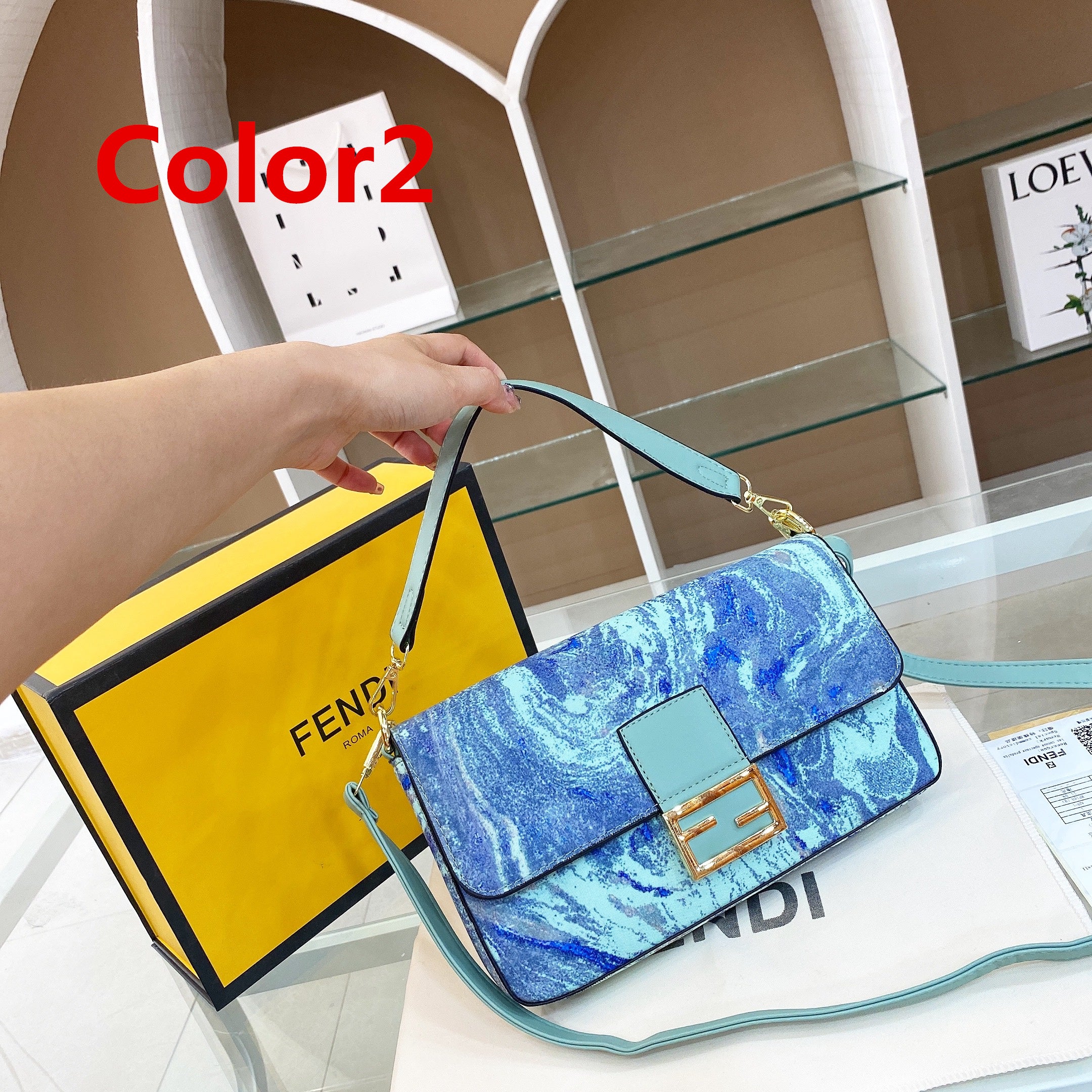 FENDI Oil Painting Printed Women Leather Tote Crossbody Satchel Shoulder Bag Handbag Bento Bag Messe