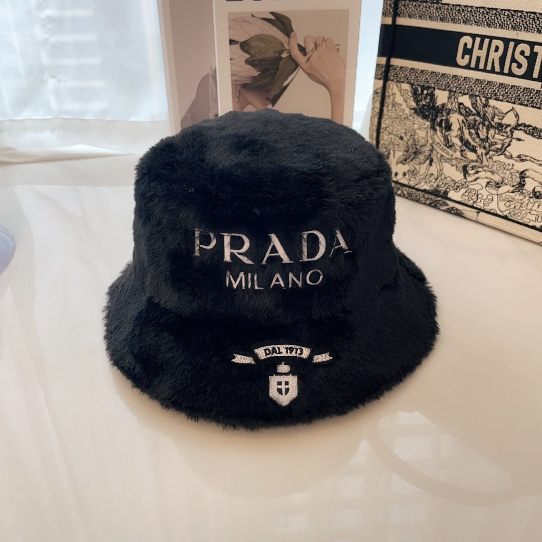 Prada autumn and winter new men's and women's fisherman hats mink embroidered badges all-mat