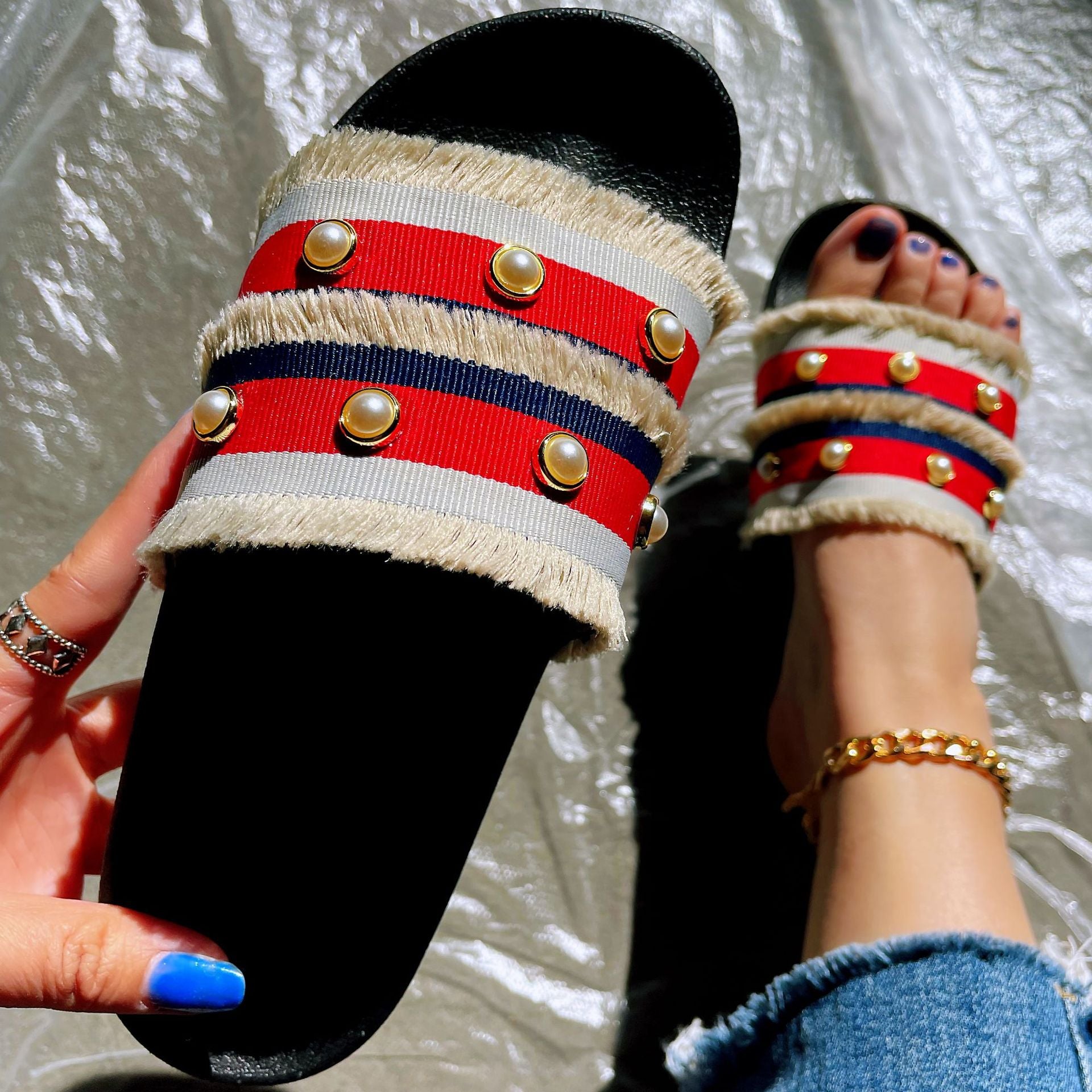 Women's Summer Tassel Liudin Sandals Flat Bottom Large Size 