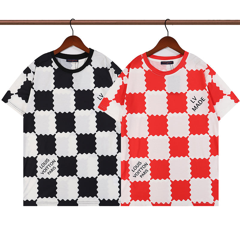 LV Louis Vuitton Fashion Letter Check Pattern Short Sleeve T-shirt