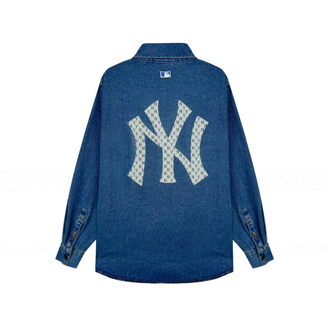 MLB Vintage Jacquard Logo Denim Shirt Jacket Casual Button Cardi