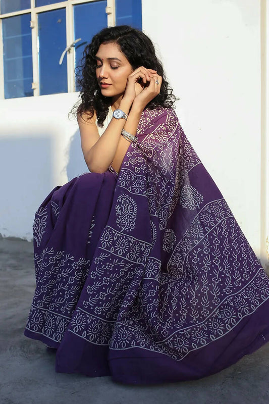 Indigo Bouquet - Dabu Hand Block Print Mulmul Cotton Bagru Saree