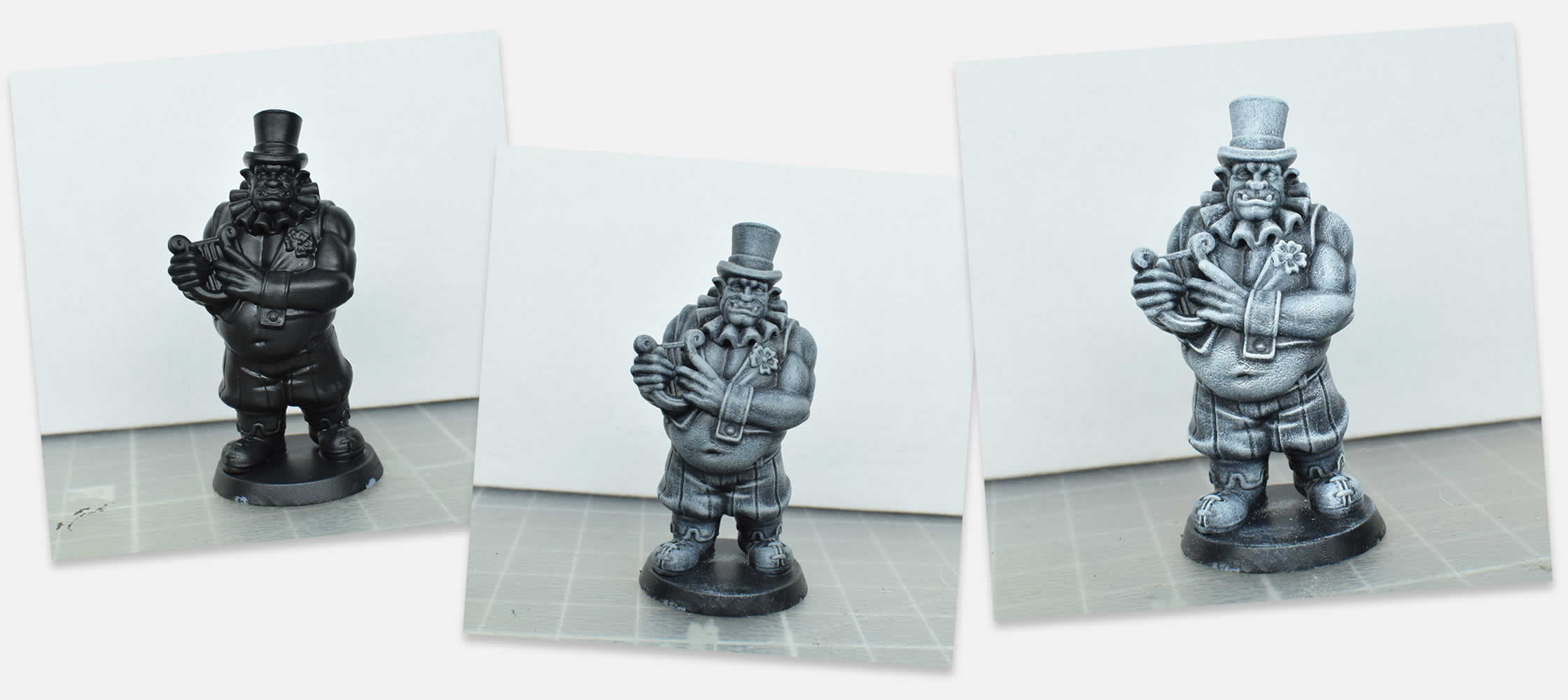 Three pictures of a painted miniature each in a new phase of drybrushing