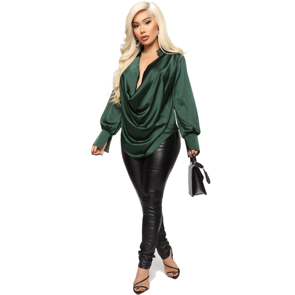 Satin Party Blouse Women Sexy V Neck Office Blouses Shirts Casual Solid Long Sleeve Oversize Tops