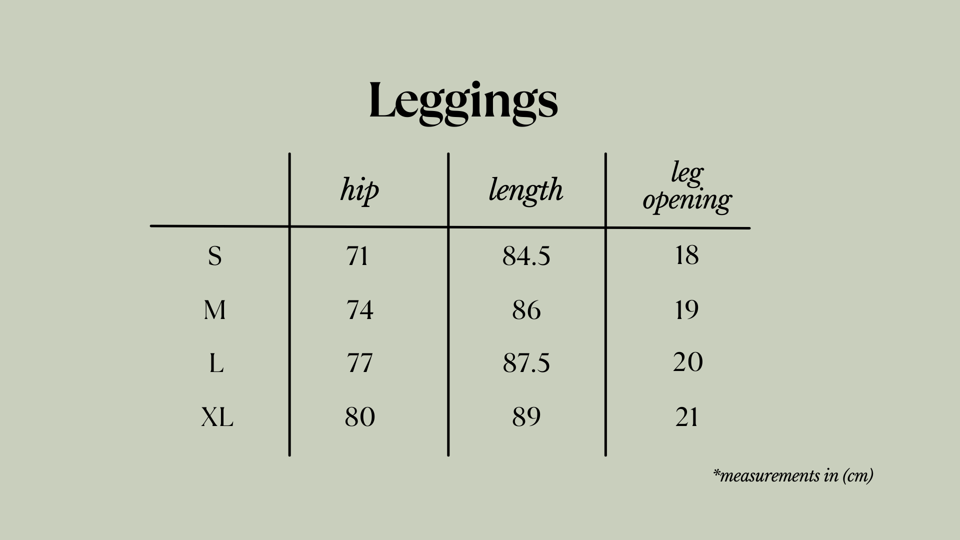 leggings size chart