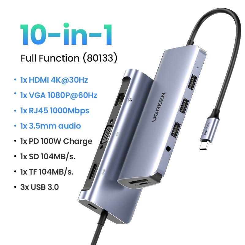 UGREEN USB C HUB 10 in 1 USB Type C to HDMI 4K USB 3.0 VGA PD 3.5mm Full  Function HUB for MacBook/Pro/Air iPad Pro USB C HUB