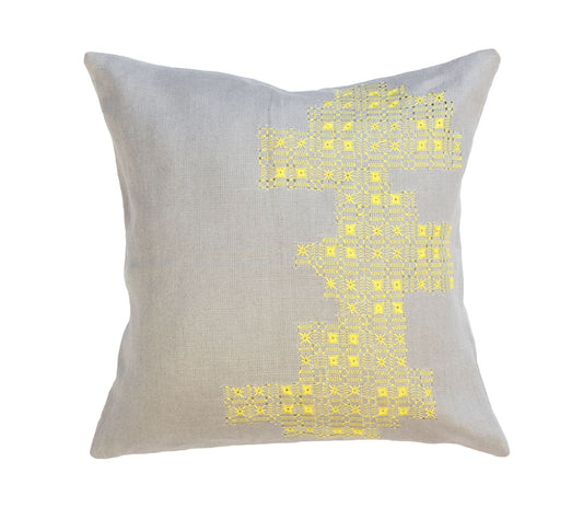 Light grey linen embroidered pillow cover, yellow stitching
