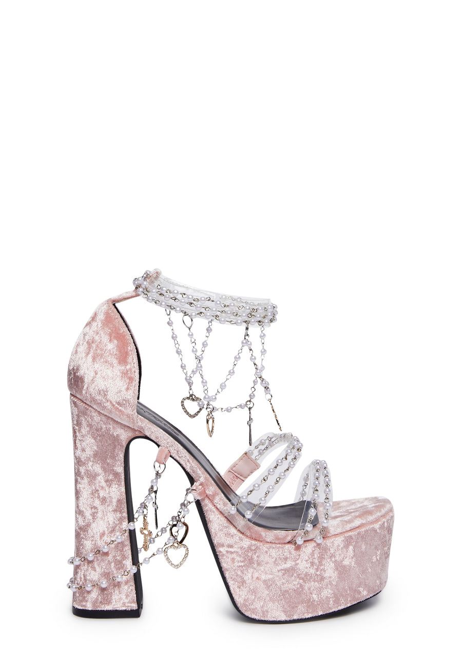 Black satin platform heels with diamante bow | SilkFred