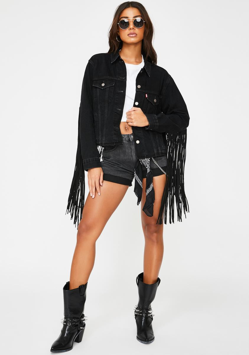 Levis Black Ex Boyfriend Fringe Trucker Jacket – Dolls Kill