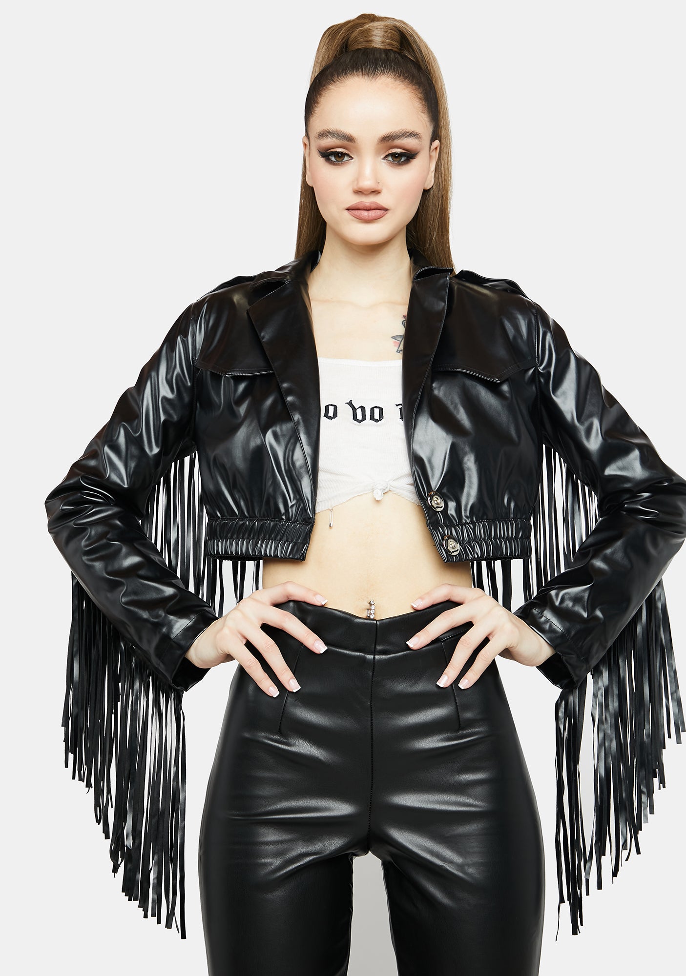 Vegan Leather Cropped Moto Jacket With Long Fringe - Black – Dolls