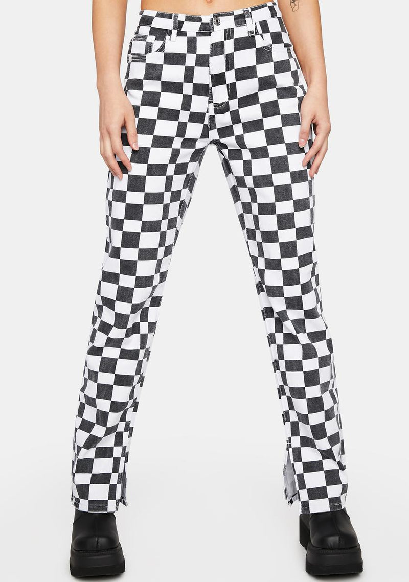 Checkered Mid Rise Split Hem Straight Jeans