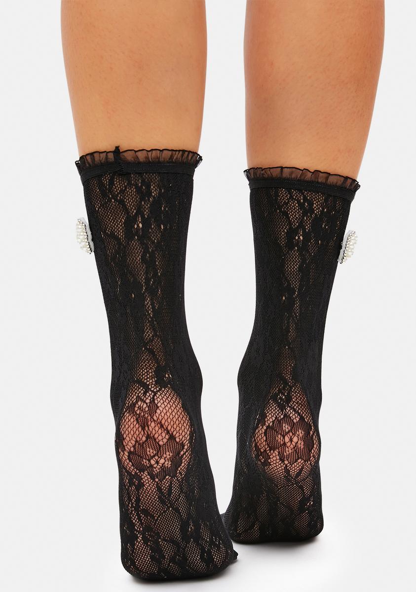 Lace Ankle Socks With Pearl Hearts - Black – Dolls Kill