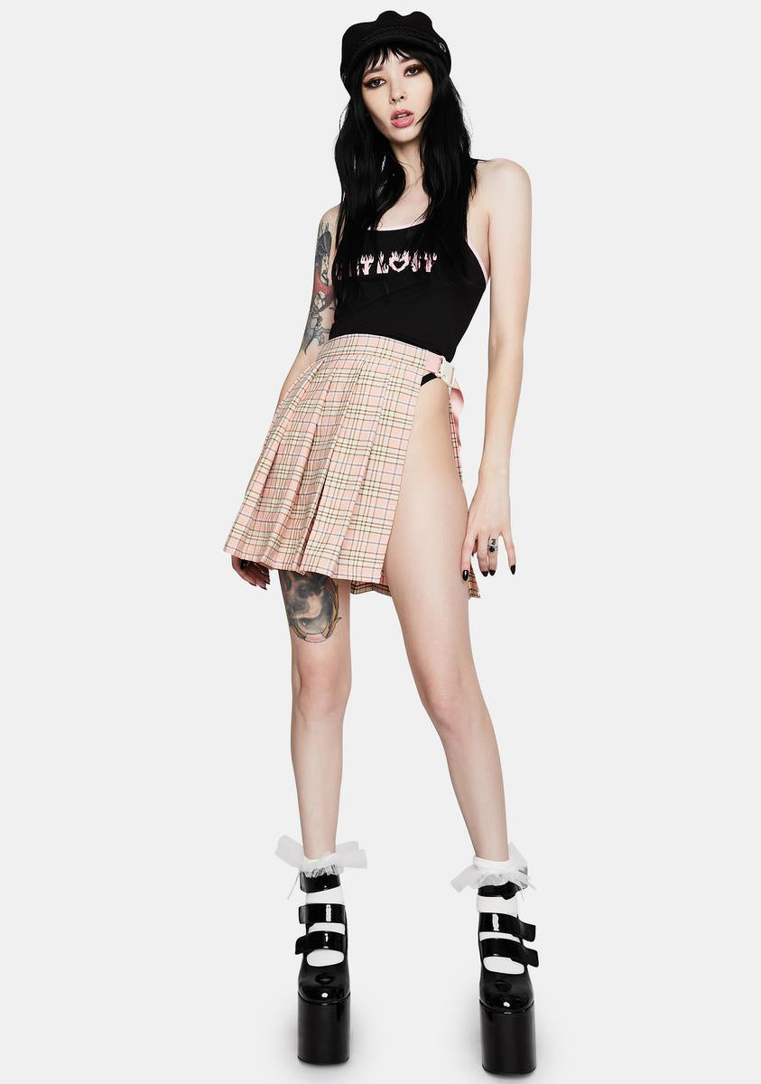 Dark In Love Check Hollowed Pleated Short Skirt – Dolls Kill