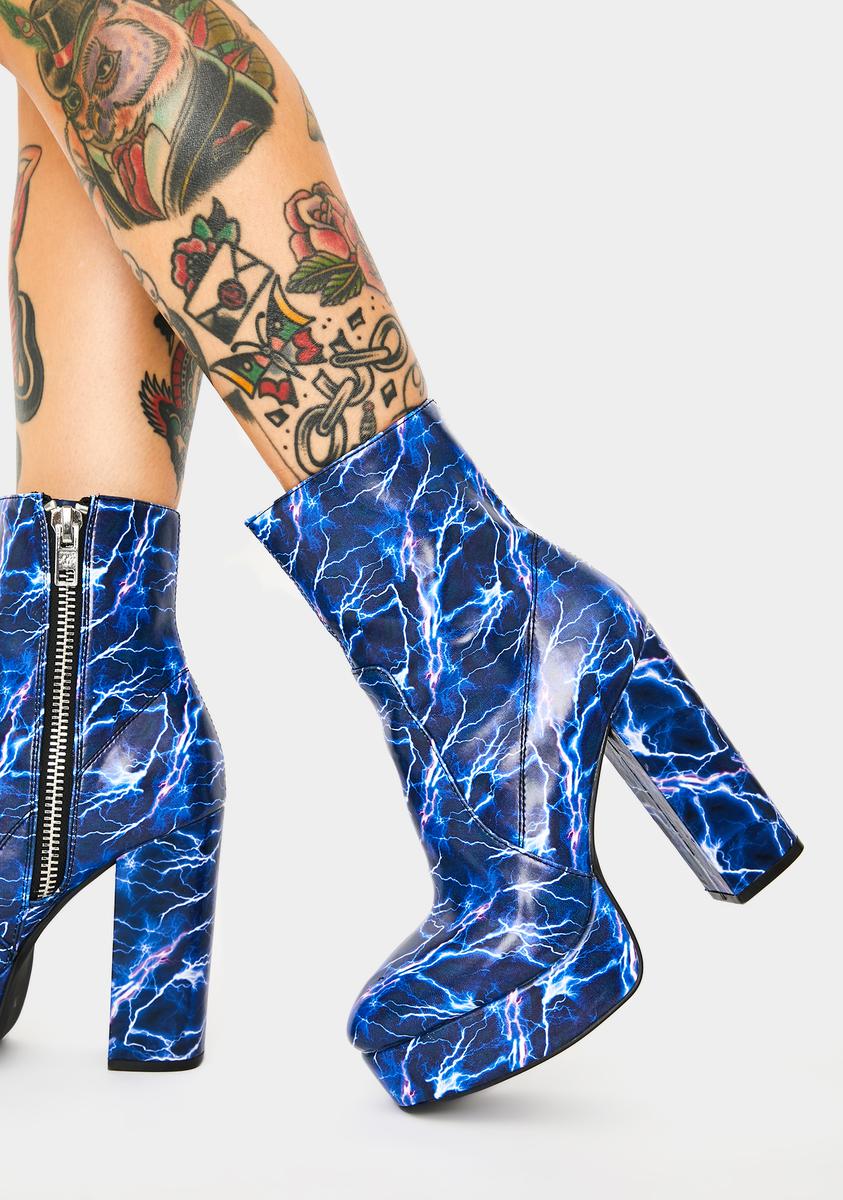 Current Mood Lightning Print Platform Ankle Boots Electric Blue – Dolls Kill