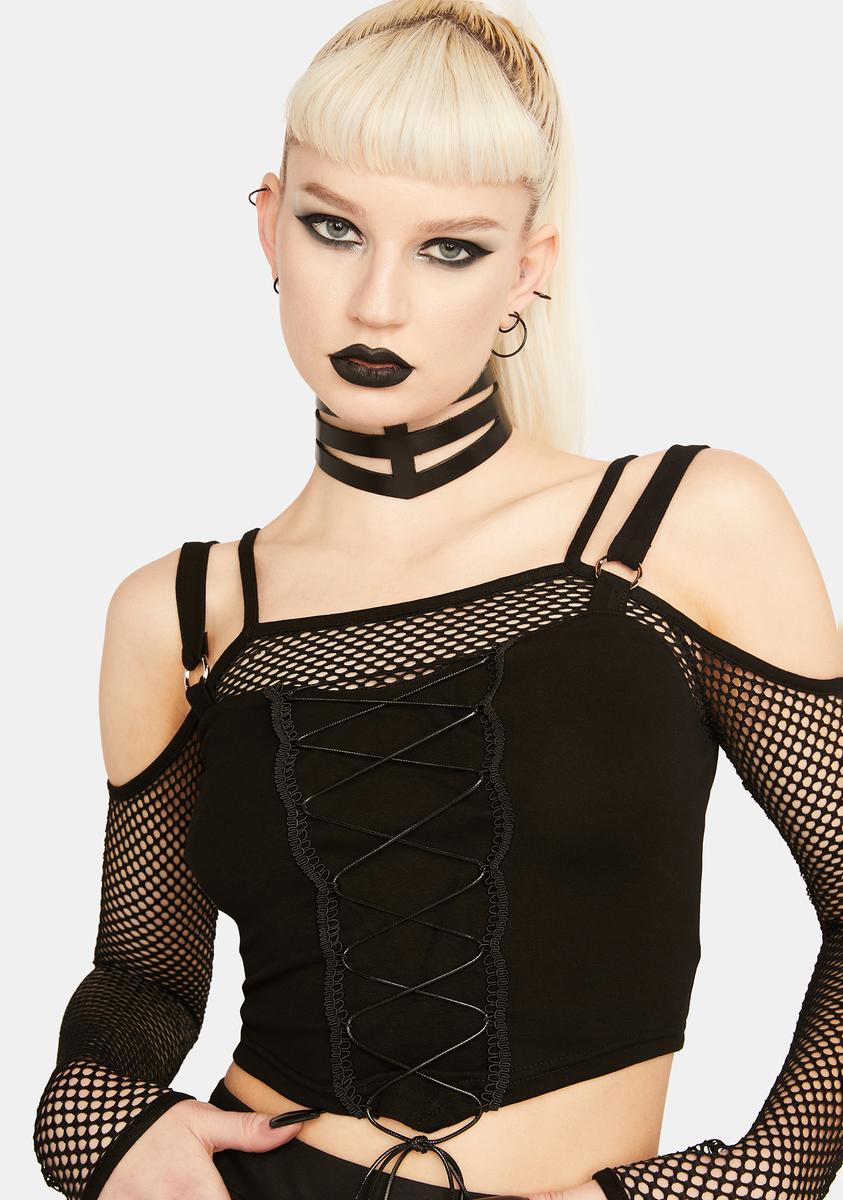 Dark In Love Corset Off Shoulder Fishnet Crop Top - Black – Dolls Kill