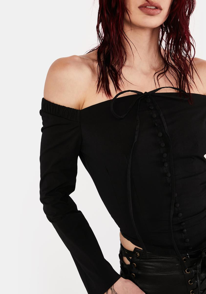 Off The Shoulder Button Long Sleeve Top - Black - Wishupon