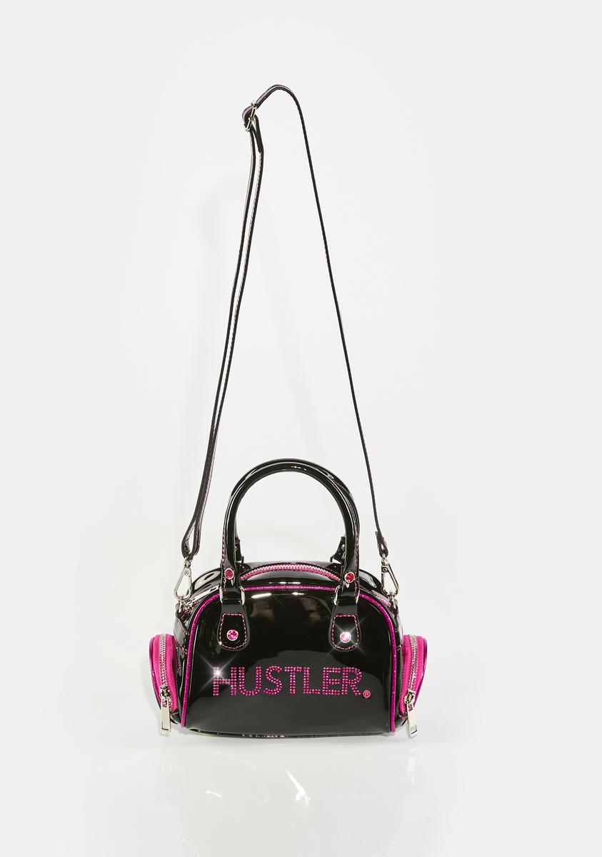 Dolls Kill X Hustler Vinyl Rhinestone Bowler Bag - Black/Pink