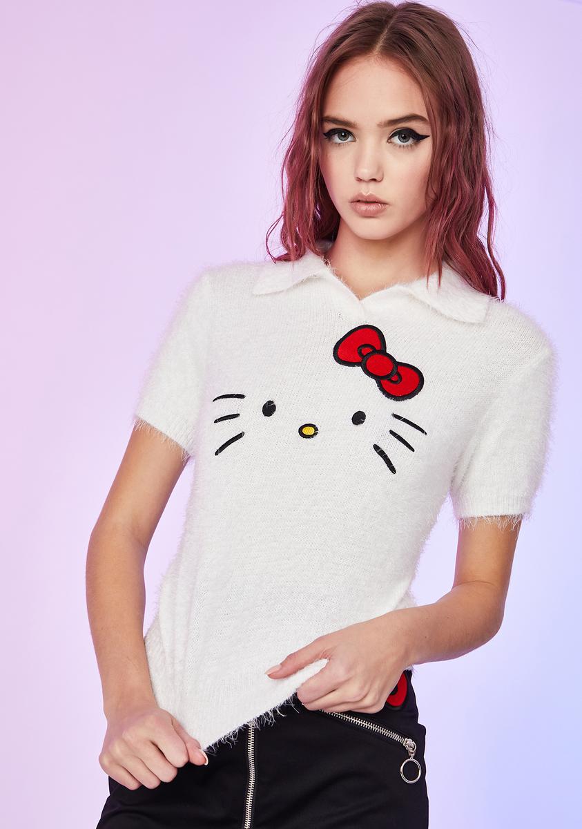 Dolls Kill Hello Kitty Fuzzy Sweater Embroidered Graphic Polo Top ...