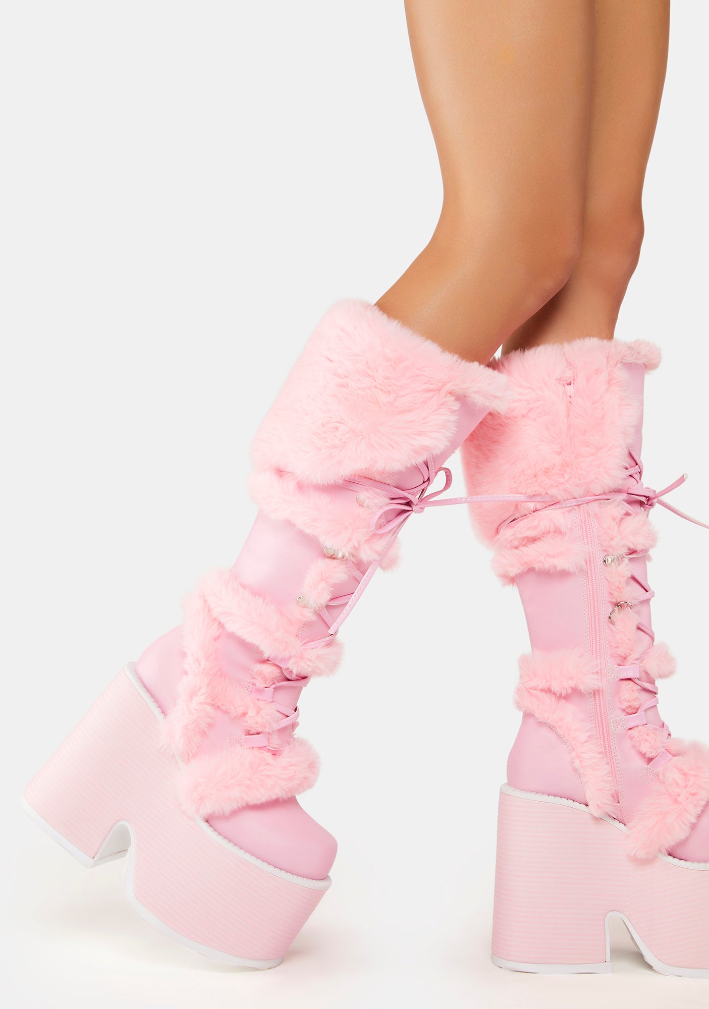 Demonia x Dolls Kill Eskimo-305 Faux Fur Knee High Platform Boots ...