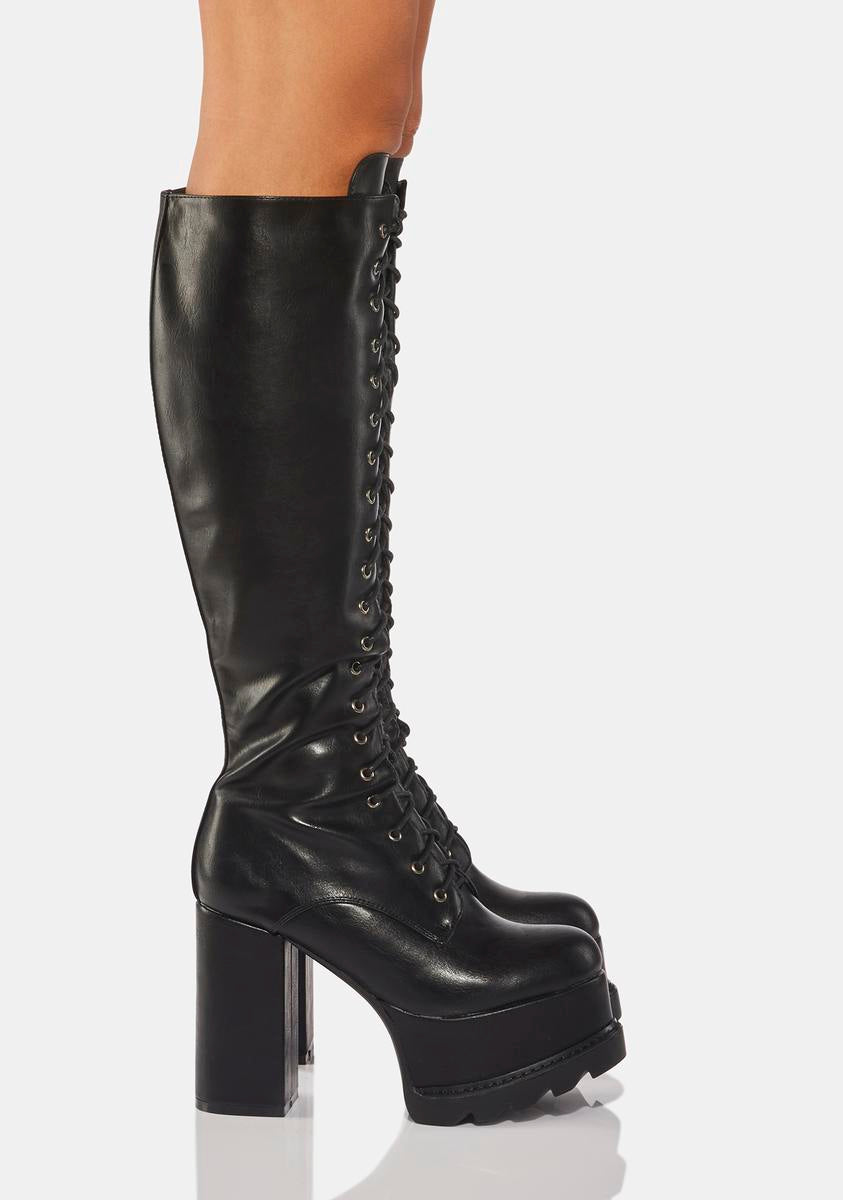 Lamoda Vegan Leather Knee High Lace Up Platform Heel Boots - Black#N ...