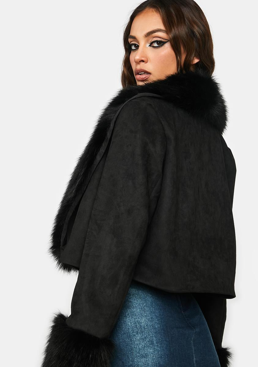 Superforme Vegan Suede Crop Jacket With Faux Fur Trim - Black – Dolls Kill