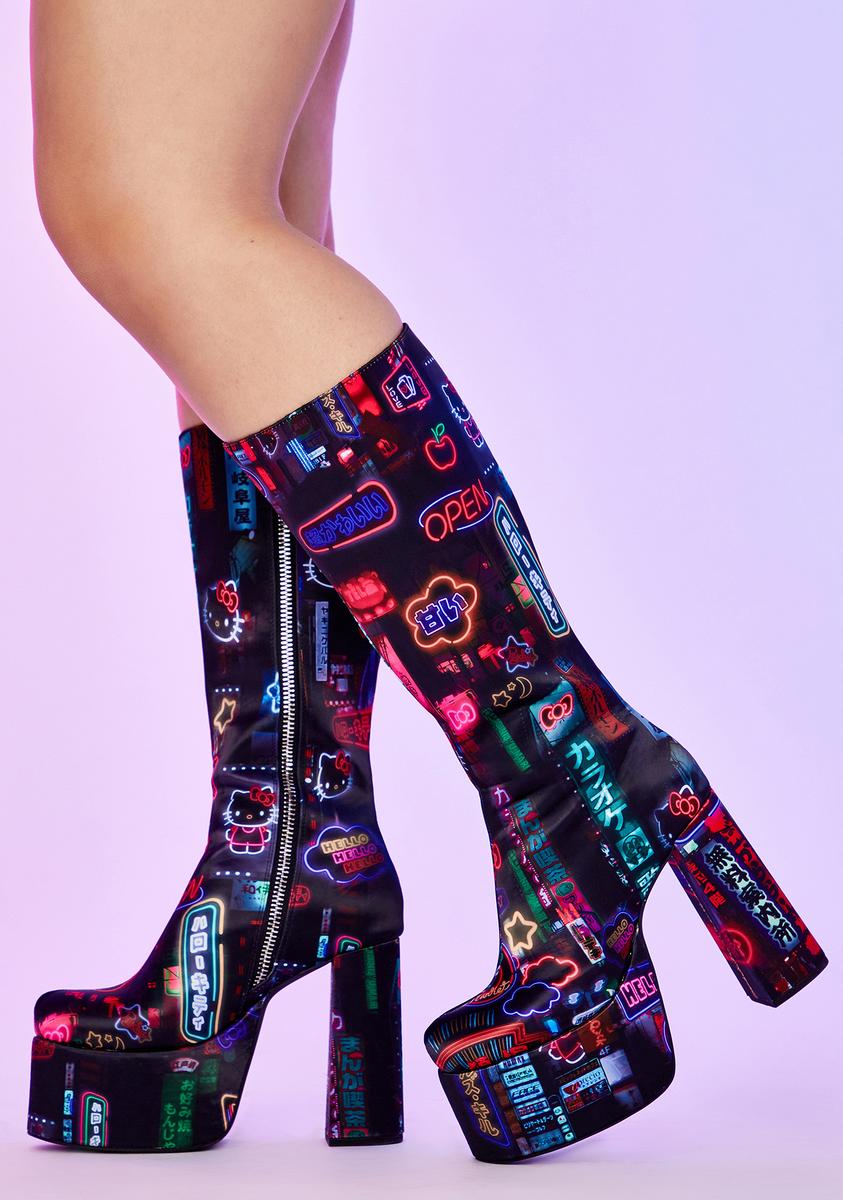 Dolls Kill Hello Kitty Neon Graphic Knee High Platform Block Boots ...