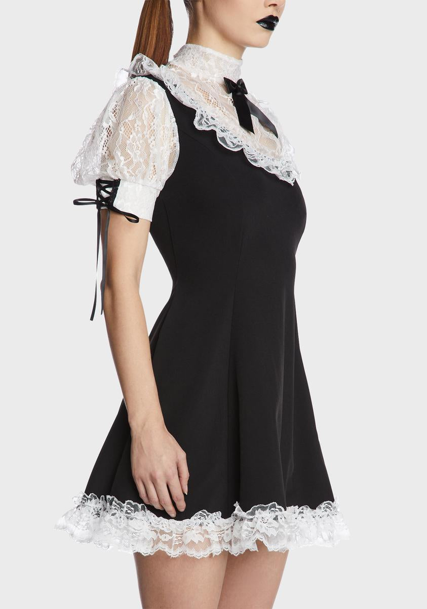 Lace Bow Applique Dress - Black/White Dolls Kill