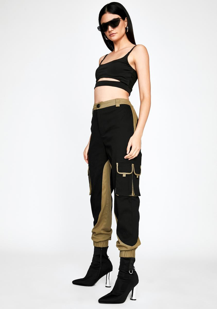 Colorblock Cargo Pants High Waist Pockets Accent Panels Black Olive ...