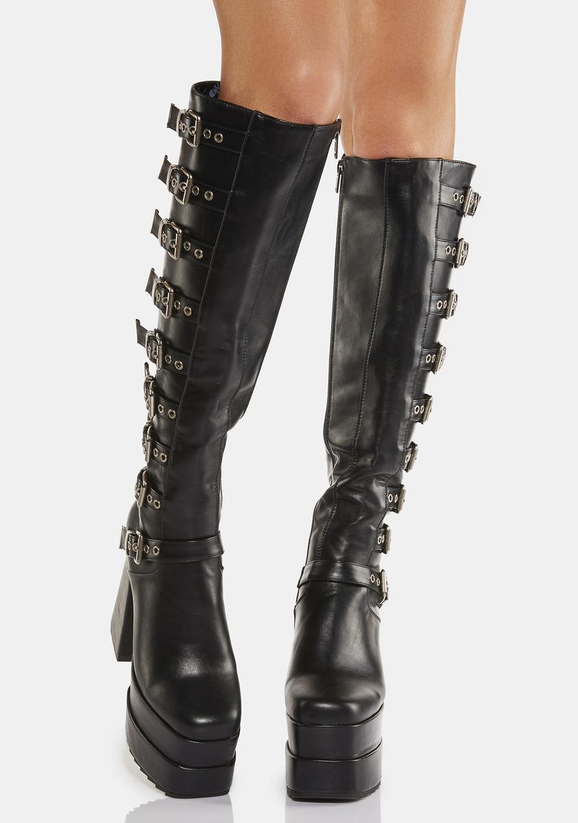 Lamoda Knee High Double Platform Heel Vegan Leather Buckle Boots ...