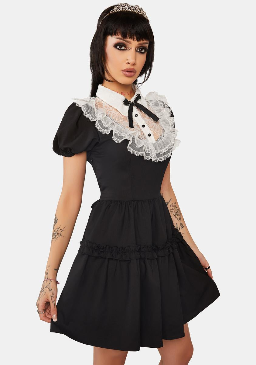 Dark In Love Skull Lace Ruffle Puff Sleeve Collar Dress - Black/White#N ...